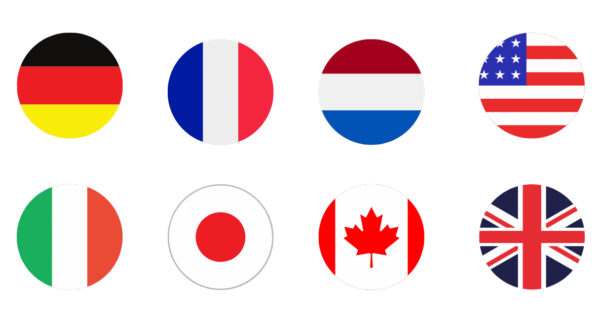 An image displays eight circular national flags arranged in two rows of four. The top row, from left to right, shows the flags of Germany, France, the Netherlands, and the United States of America. The bottom row, from left to right, displays the flags of Italy, Japan, Canada, and the Unitd Kingdom.
