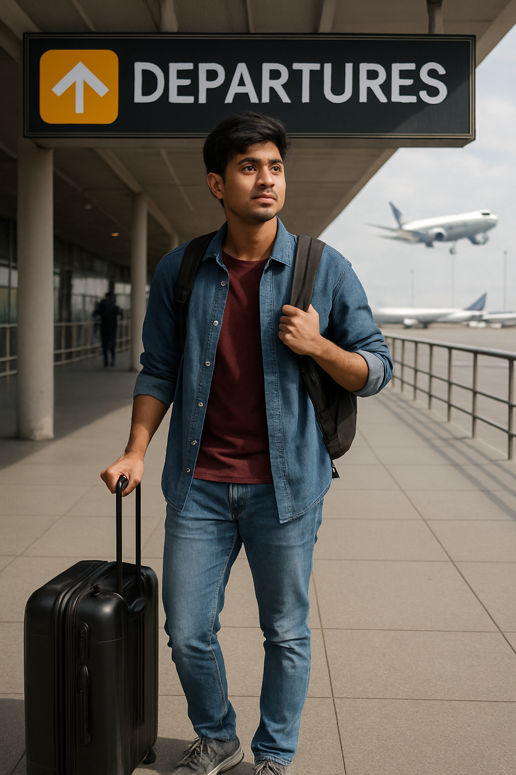 A young man with a backpack and suitcase stands at an airport departures area.